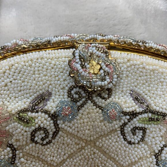Vintage 50s Ed B. Robinson Micro Bead Handbag Made In France Floral Coquette - Picture 4 of 16